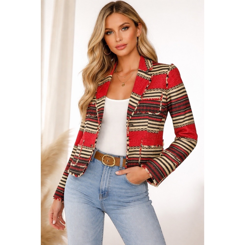 Jones New York Signature Southwestern Tweed Fringe Blazer Jacket‎ Sz 8 Red Aztec